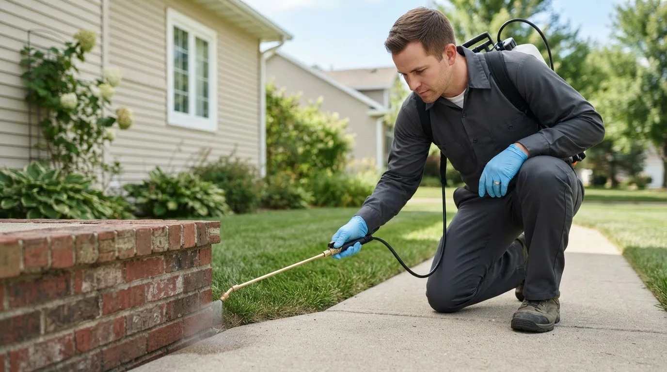 Pest control technician treating a home near Happy, TX